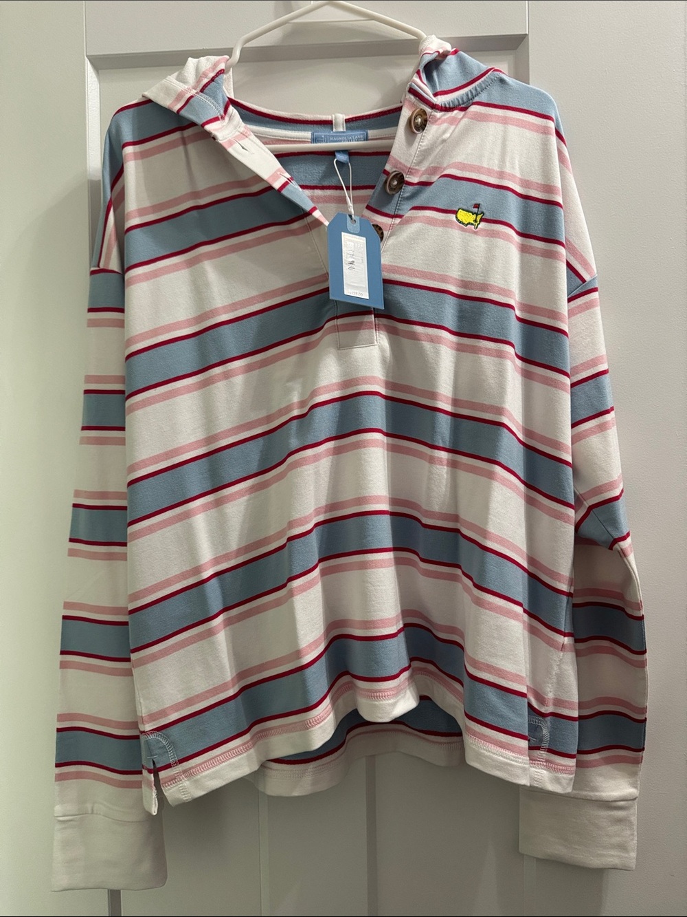 Masters Striped Hooded Long-Sleeve Shirt in White, Blue & Pink